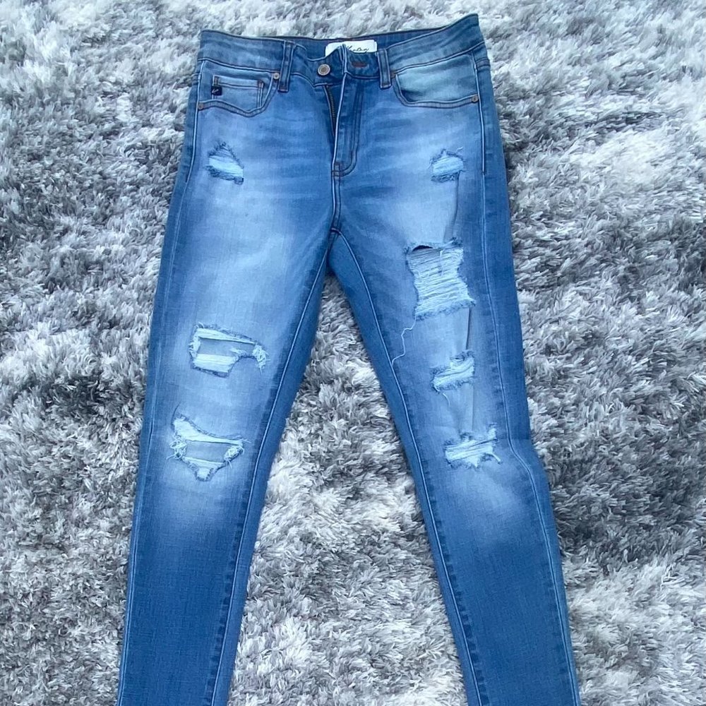 KC7298M Kancan Medium Wash Mid Rise Heavily Distressed Skinny Jeans Size 26